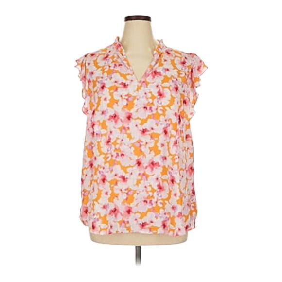 Molly & Isadora Blouse Women’s 2X Plus White Pink Floral Short Sleeve Flowy Top - Picture 1 of 7